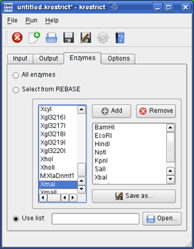 Select enzymes tab of restrict